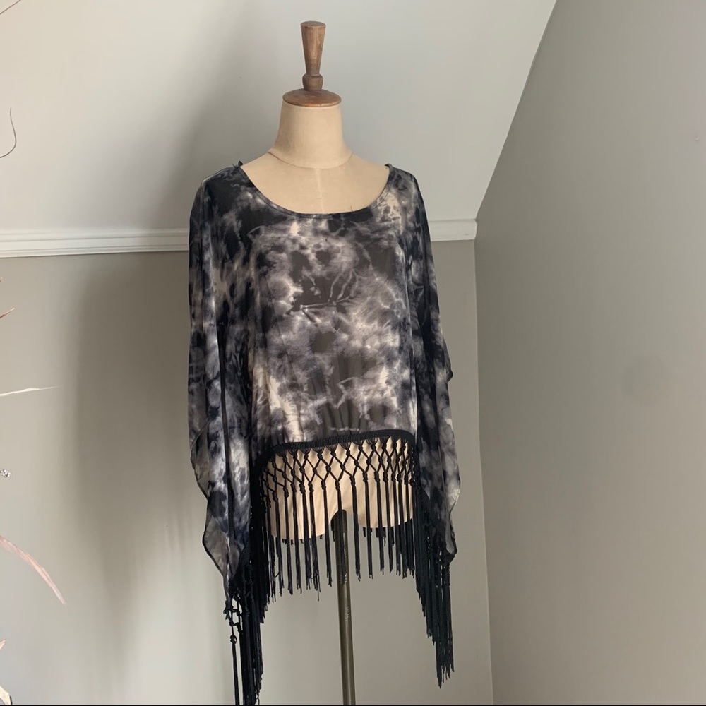Tie dye sheer kimono top with fringe hem
